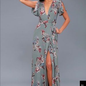 Lulus Florire Slate Blue Floral Wrap Maxi Dress